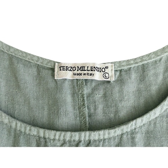 Terzo Millennio Shift Dress Large Linen Sage Green Sleeveless Lagenlook Ruffled - Picture 5 of 9
